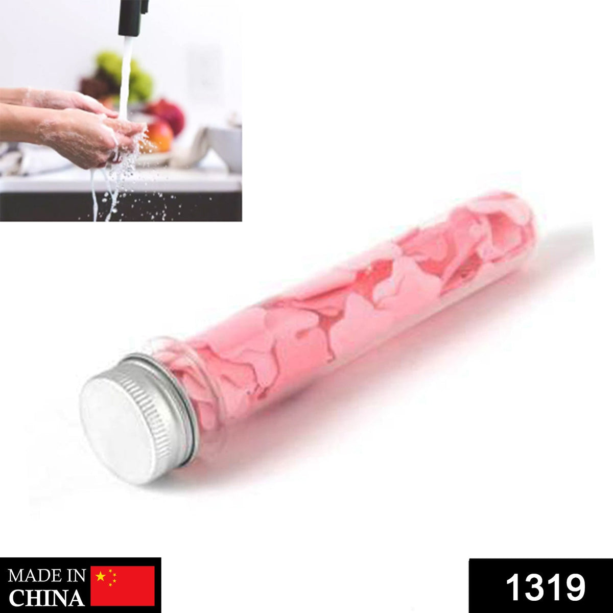 A clear tube with a silver cap contains pink flower-shaped paper soap strips on a white background.
