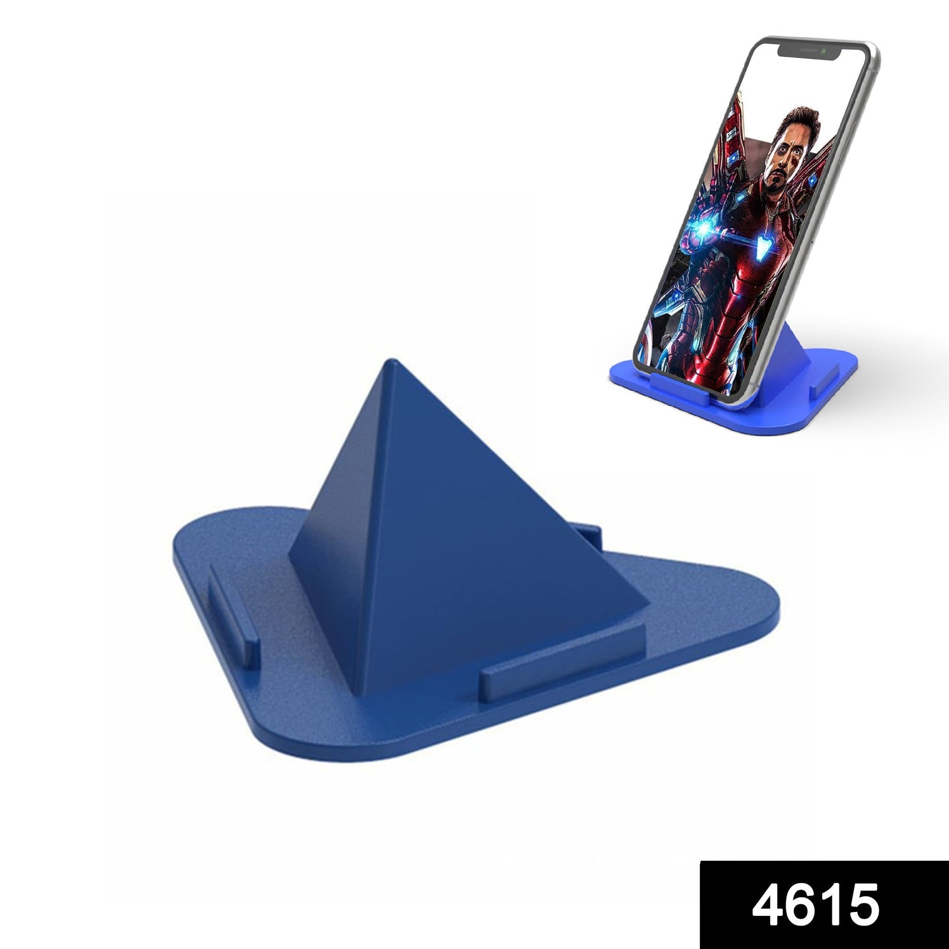 A blue pyramid mobile stand with an iPhone displaying Iron Man, and a small inset of the stand alone.