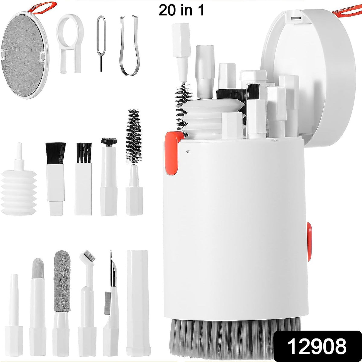White 20-in-1 multi-tool cleaning kit with many attachments laid out and stored inside the main unit.