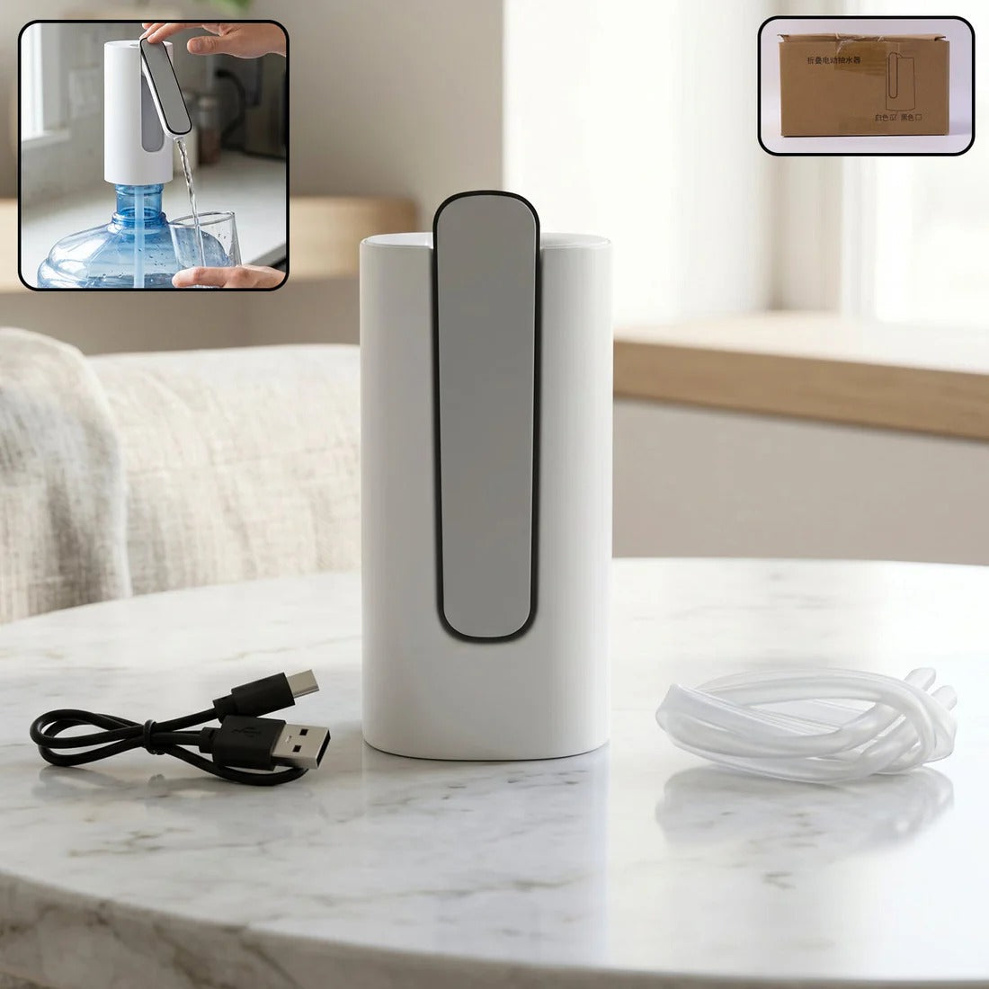 A white and grey foldable electric water dispenser pump with a USB cable and clear hose on a marble table