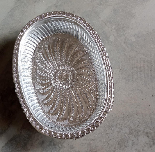 Multipurpose royal design oval silver gift tray for dry fruits.