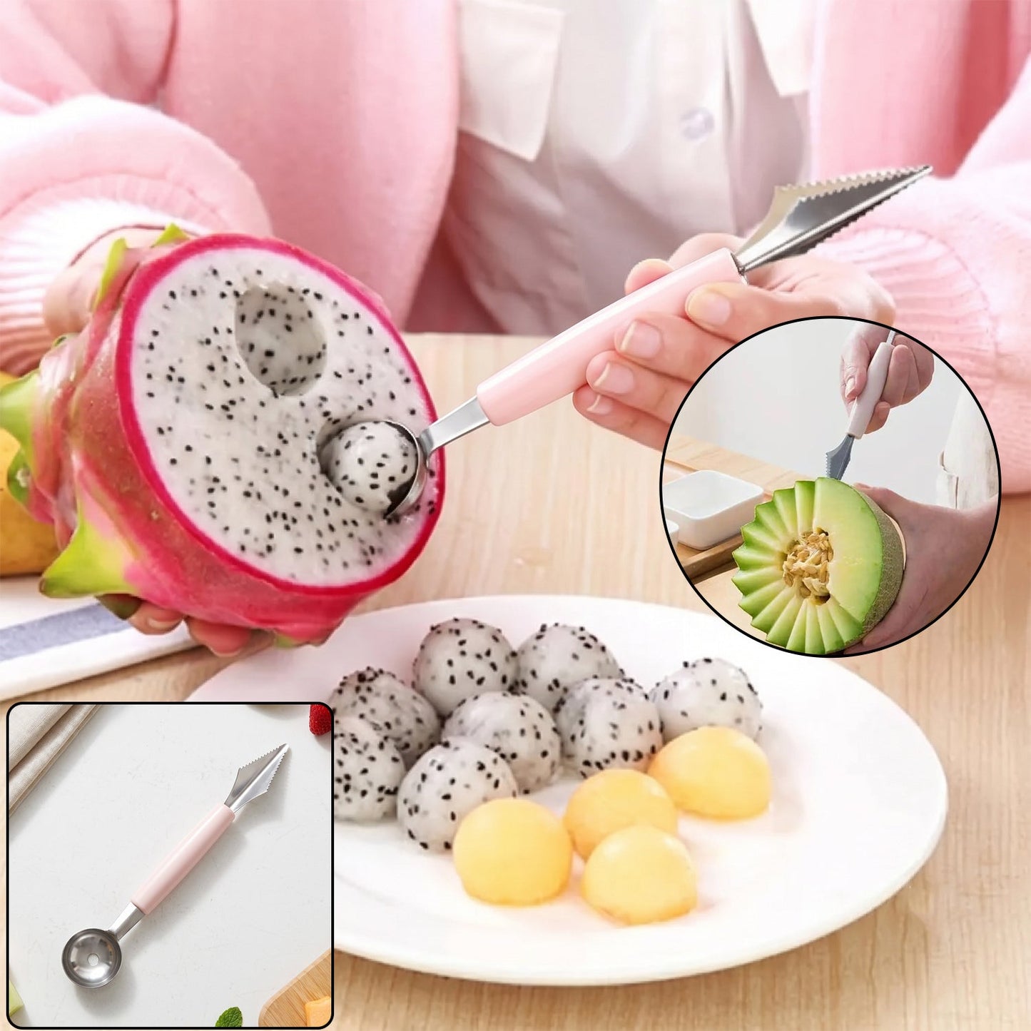 A person uses a pink-handled 2-in-1 tool to scoop dragon fruit balls, with a small inset of carving a melon.