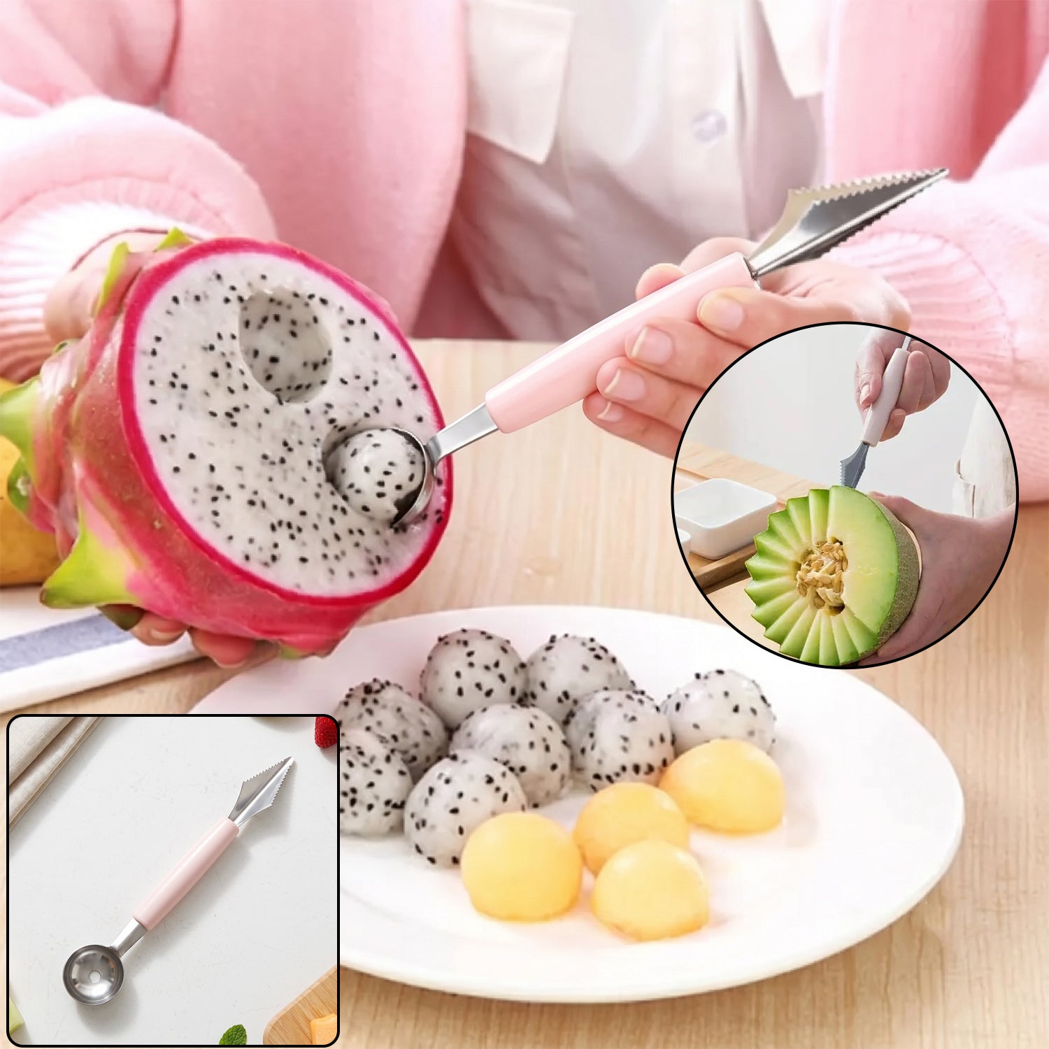 A person uses a pink-handled 2-in-1 tool to scoop dragon fruit balls, with a small inset of carving a melon.