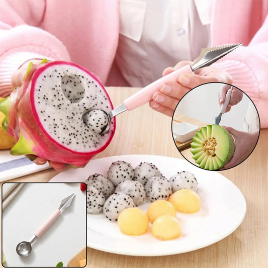 A person uses a pink-handled 2-in-1 tool to scoop dragon fruit balls, with a small inset of carving a melon.
