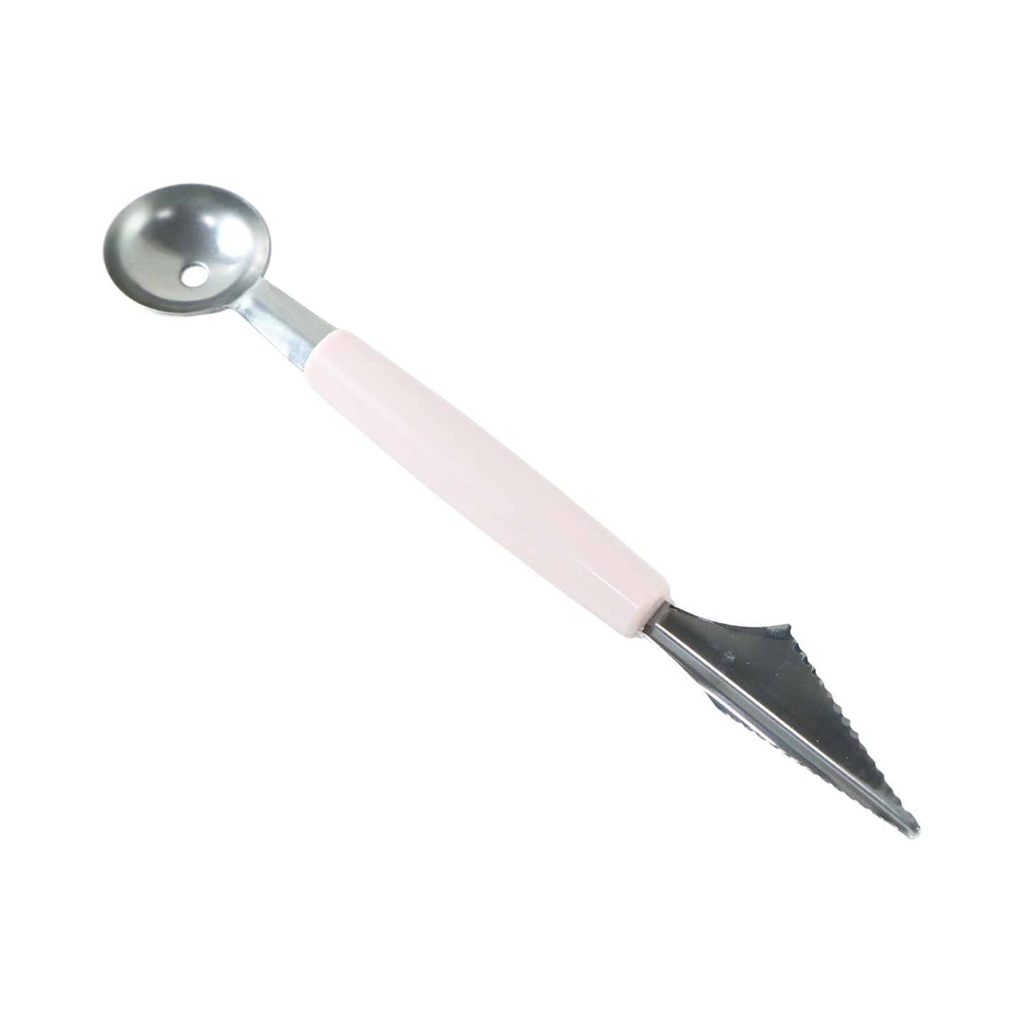 A pink-handled 2-in-1 fruit carving tool with a melon baller and a zigzag knife on a white background.
