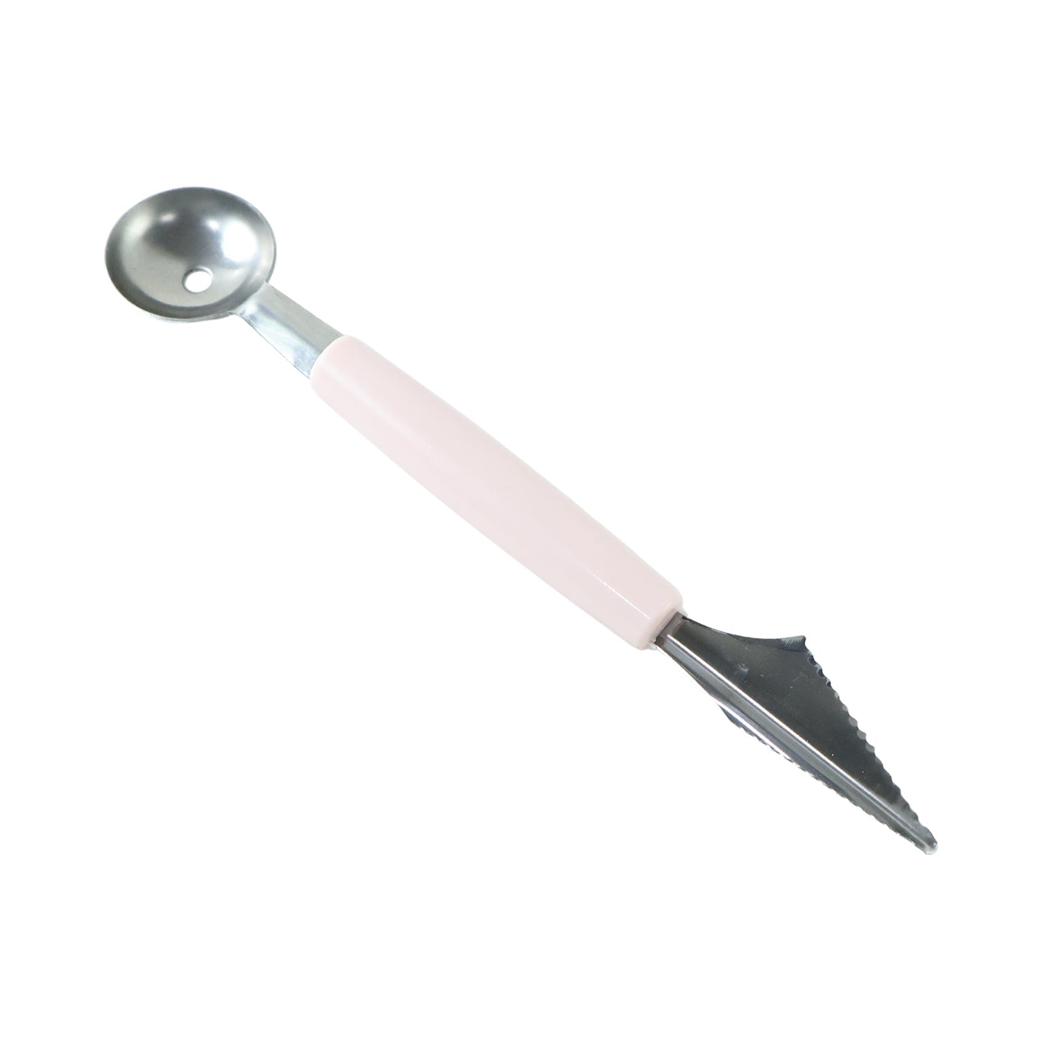 A pink-handled 2-in-1 fruit carving tool with a melon baller and a zigzag knife on a white background.