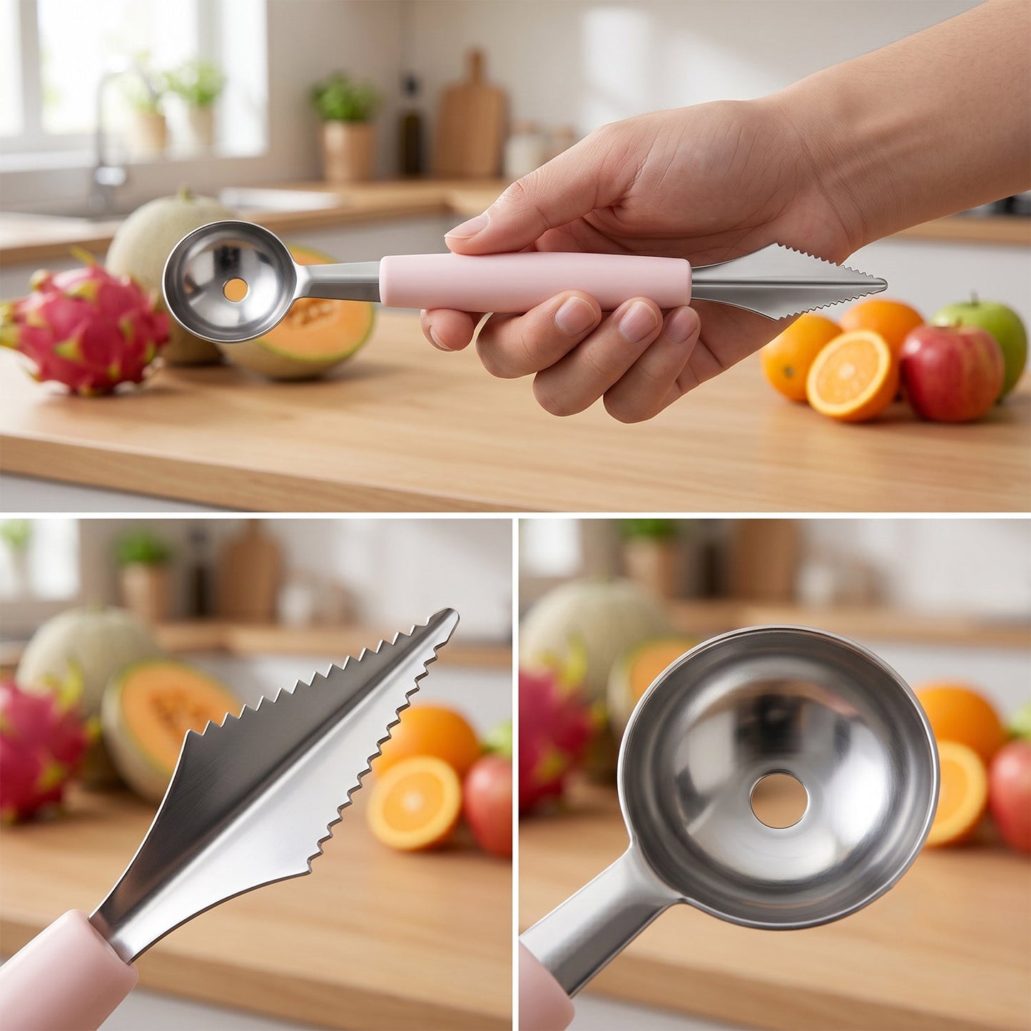 A three-panel image showing a hand holding the tool, a close-up of the carving knife, and a close-up of the melon baller.