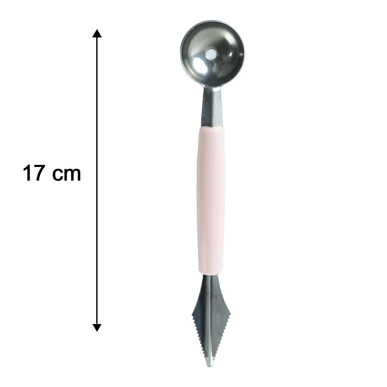 A pink-handled 2-in-1 fruit carving tool with a melon baller and a zigzag knife, showing its 17 cm length.