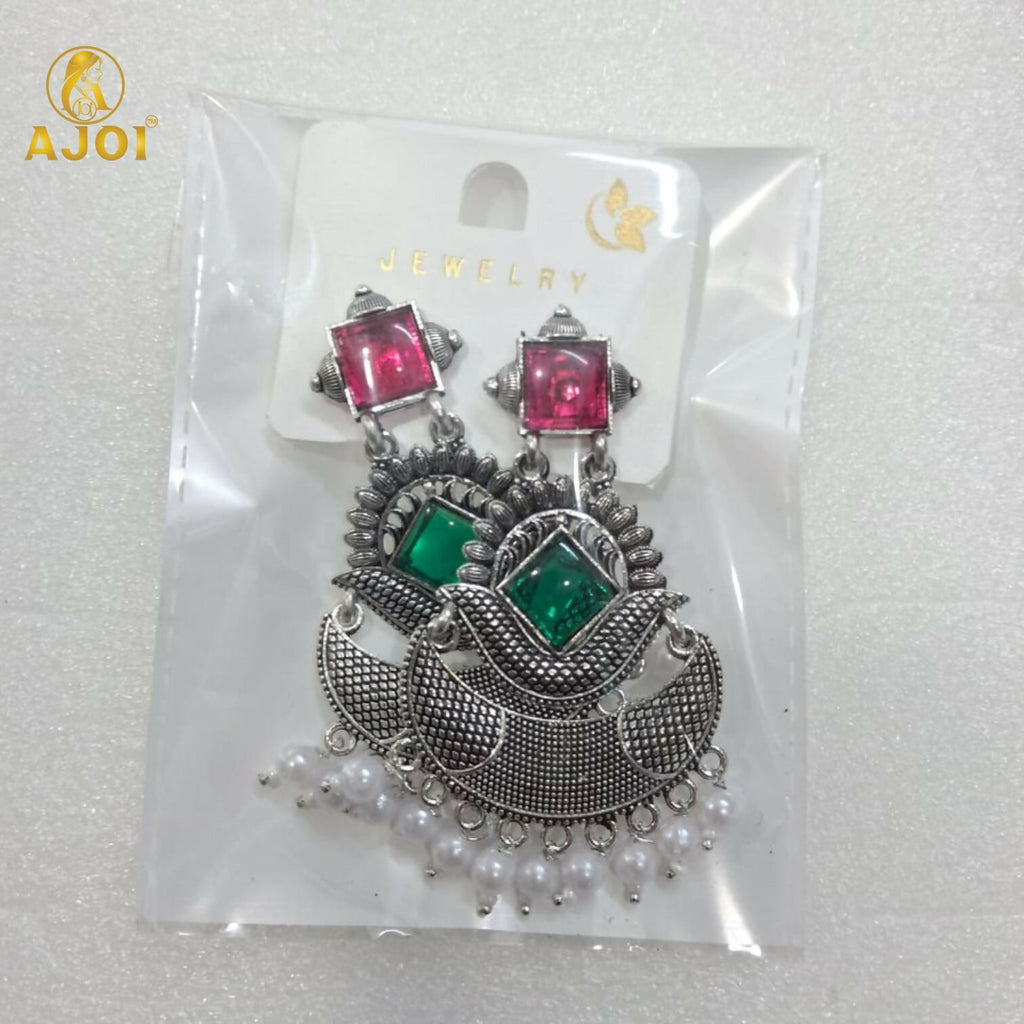 Antique Silver-Finish Chandbali Earrings with Green & Ruby-Tone Stones and Pearl Drops