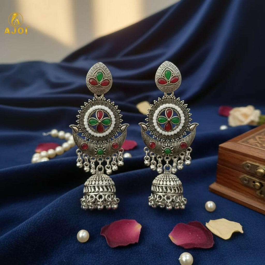 Multicolor Oxidized Silver Jhumka Earrings
