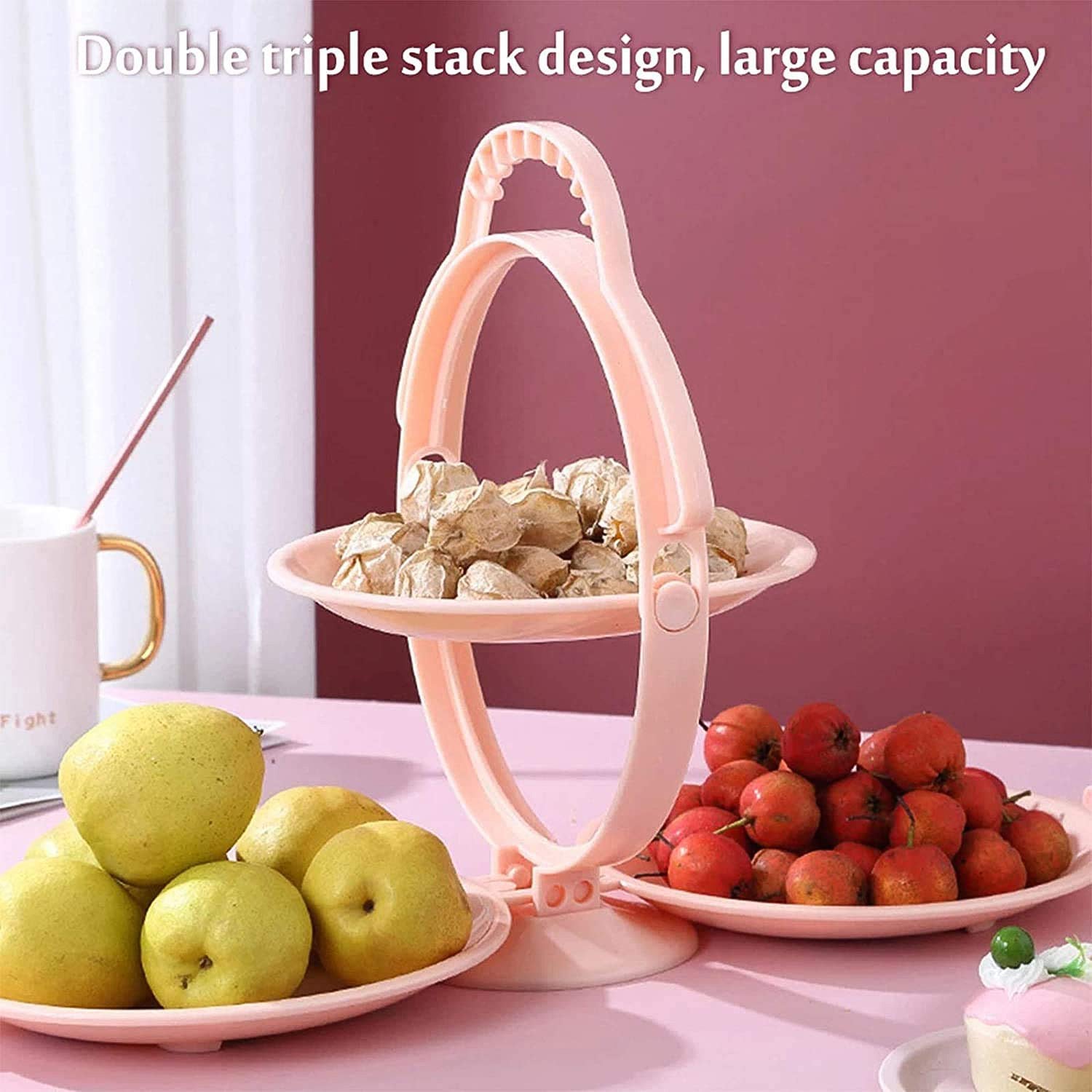 Vertical multi-purpose snack serving stand with foldable design on dining table