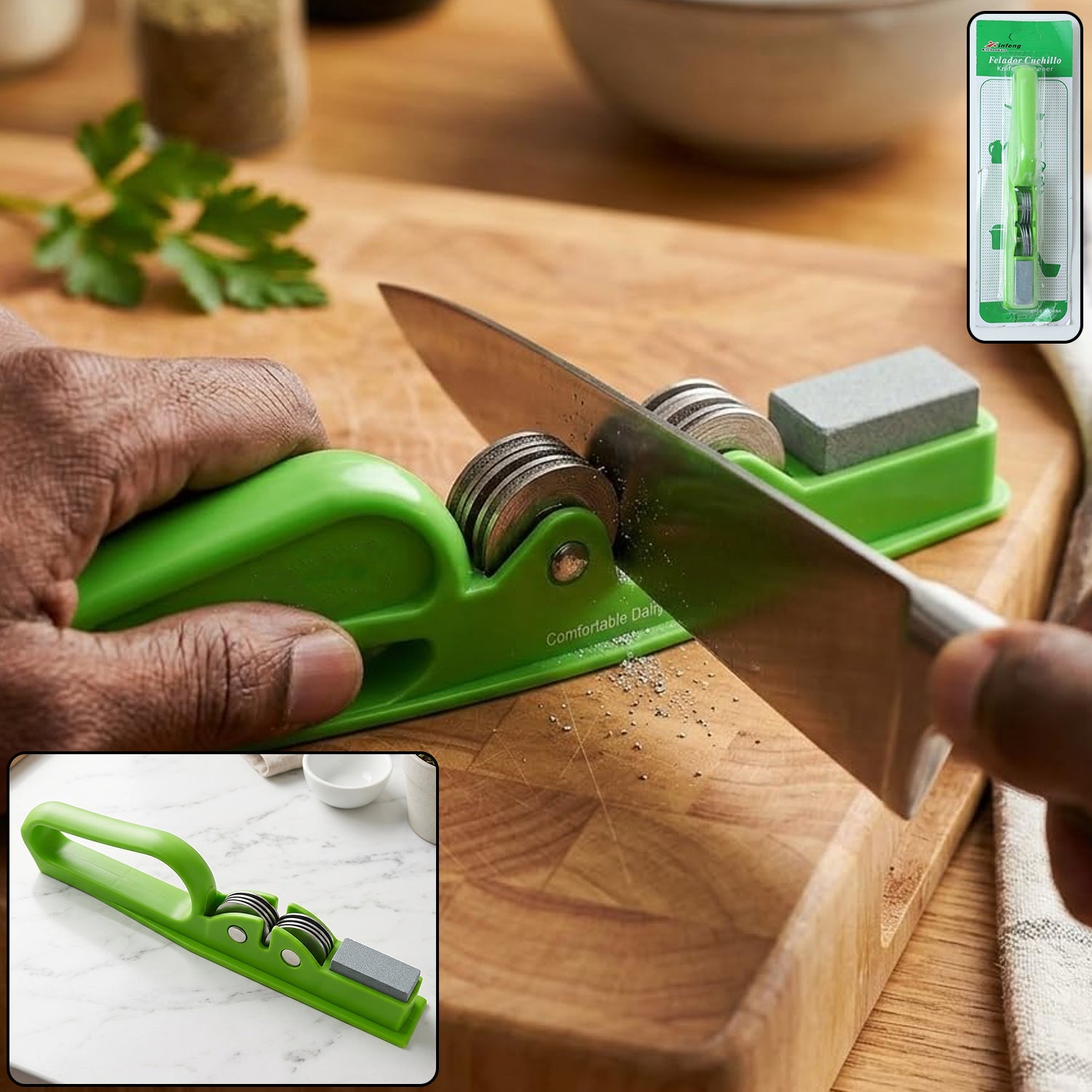 A person's hands sharpening a knife with a green handheld sharpener on a wooden cutting board, with an inset of the