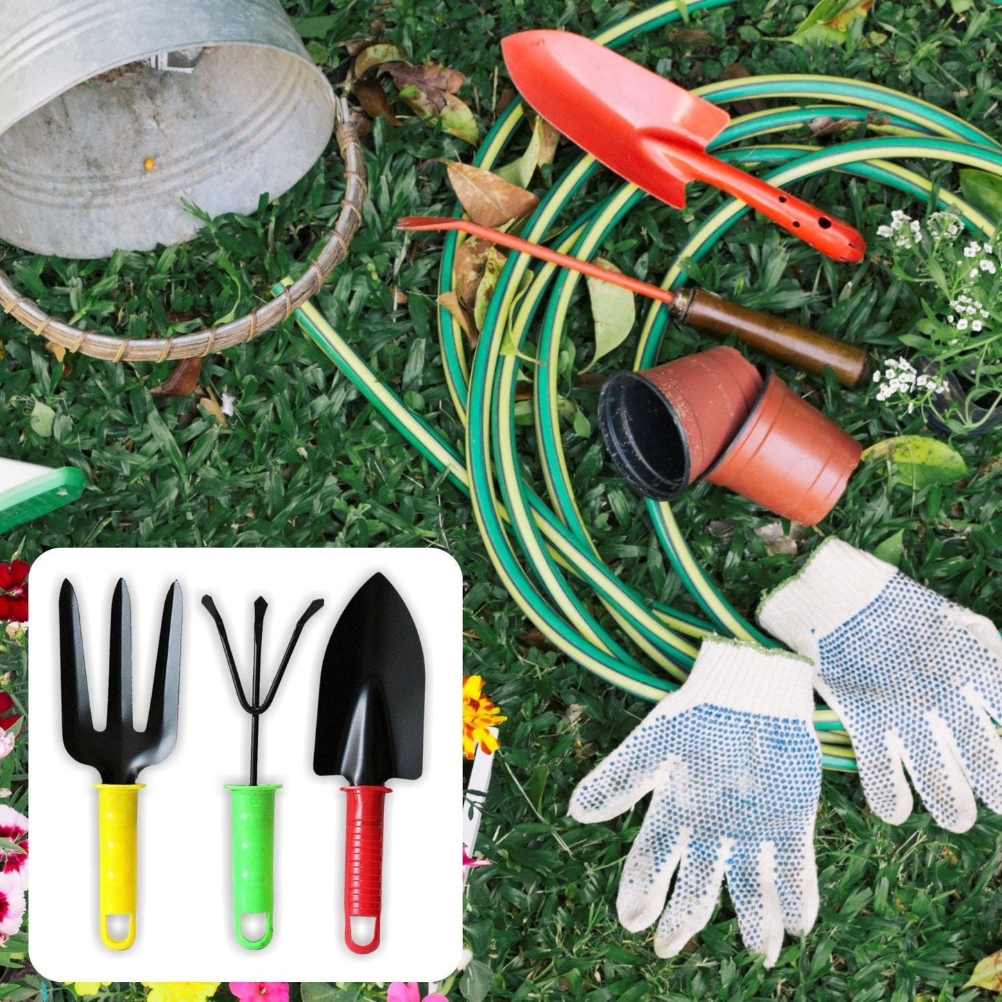A small inset shows a yellow fork, green cultivator, and red trowel, surrounded by a hose, gloves, and potted plants on