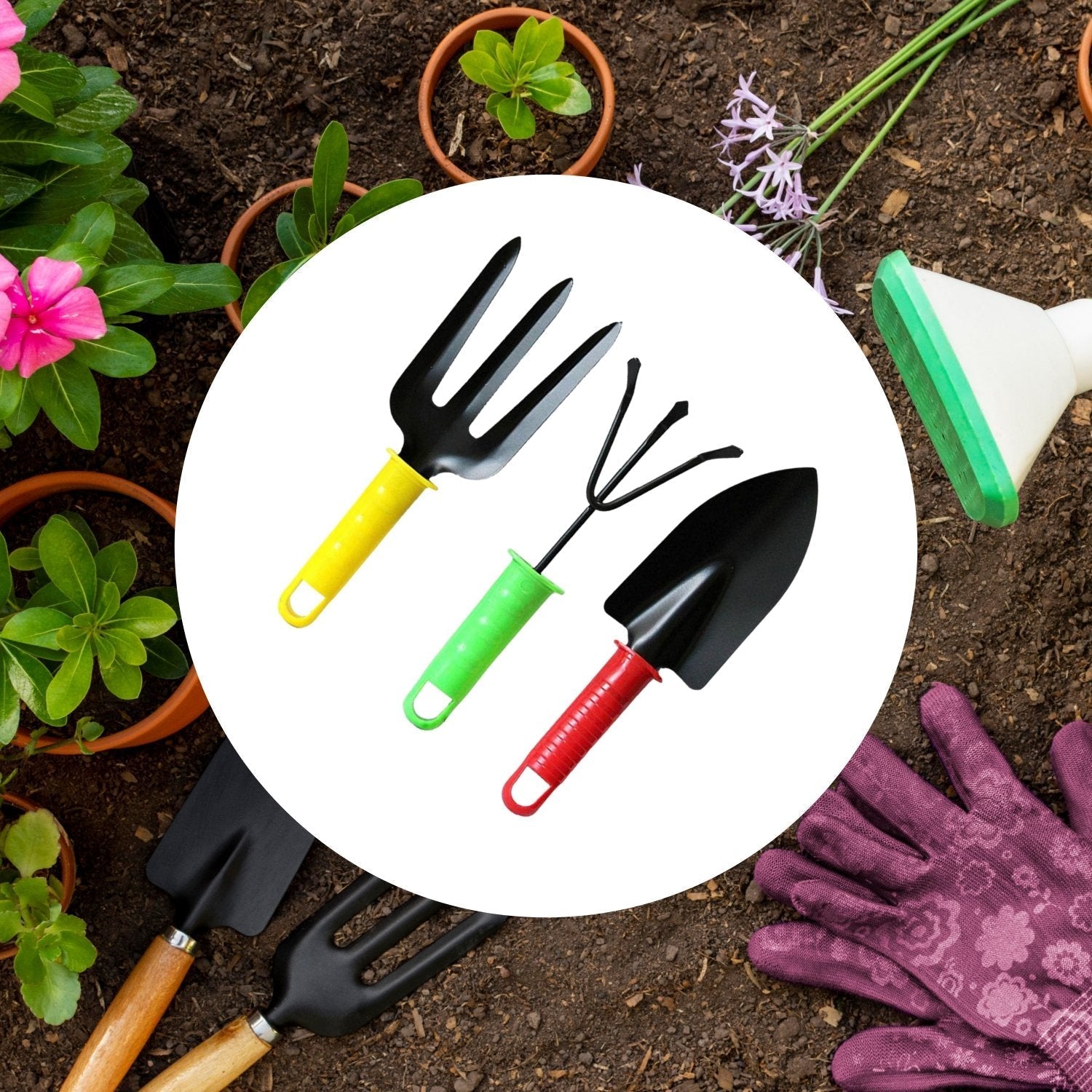 A circular inset displays a yellow fork, green cultivator, and red trowel, with gardening gloves and potted plants in the