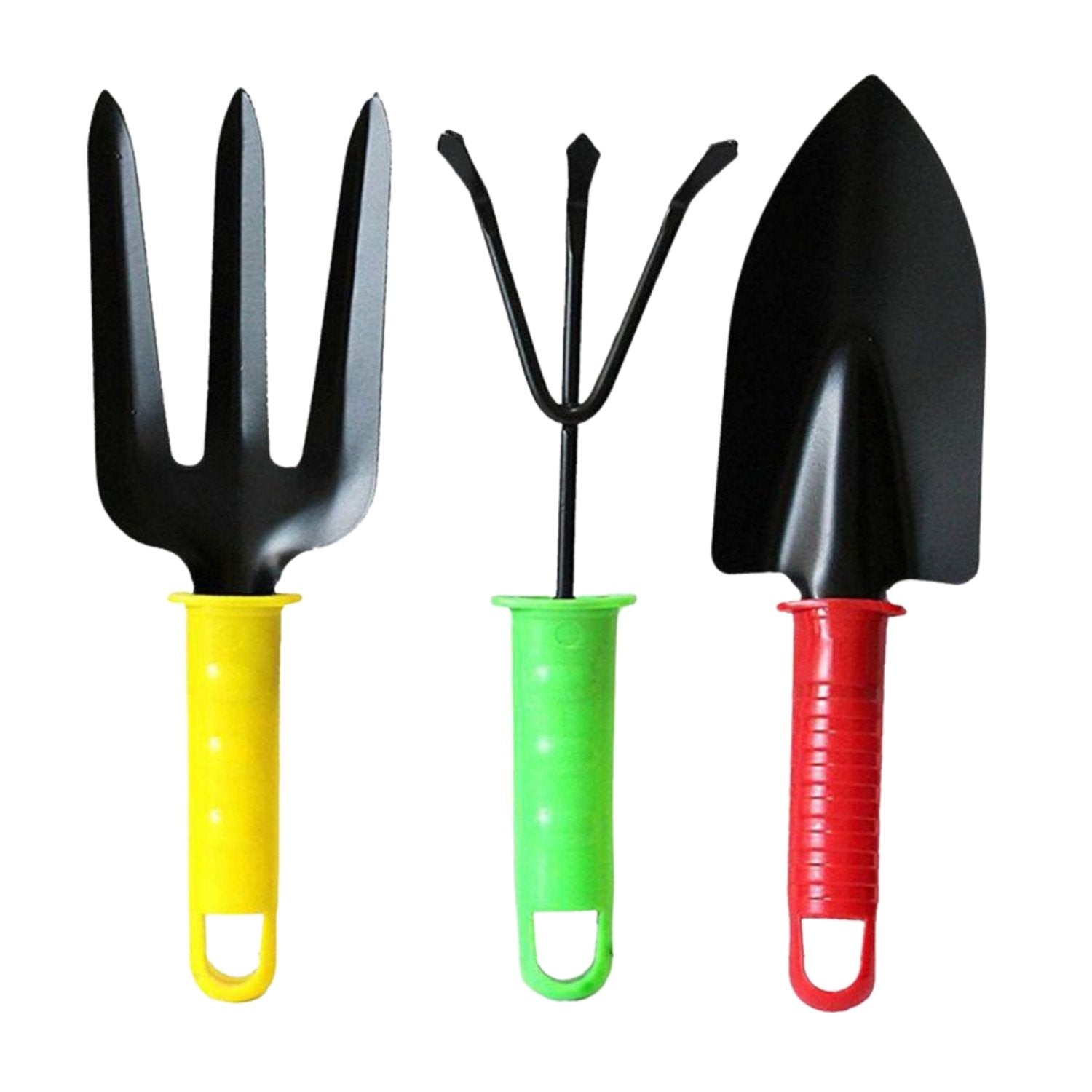 A yellow garden fork, green hand rake, and red trowel are arranged side-by-side on a white background.