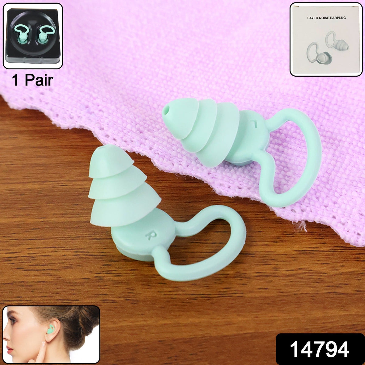 A pair of mint green silicone earplugs with ear hooks rests on a purple towel, with product details in the corners.