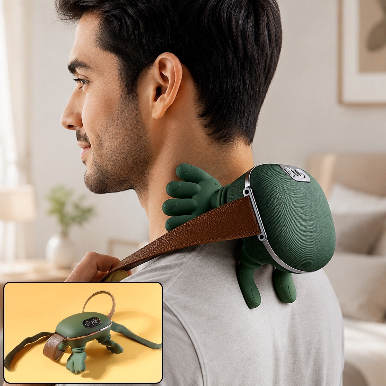 A man with dark hair wears a green bionic neck massager with a brown strap, smiling slightly. Inset shows the massager on a