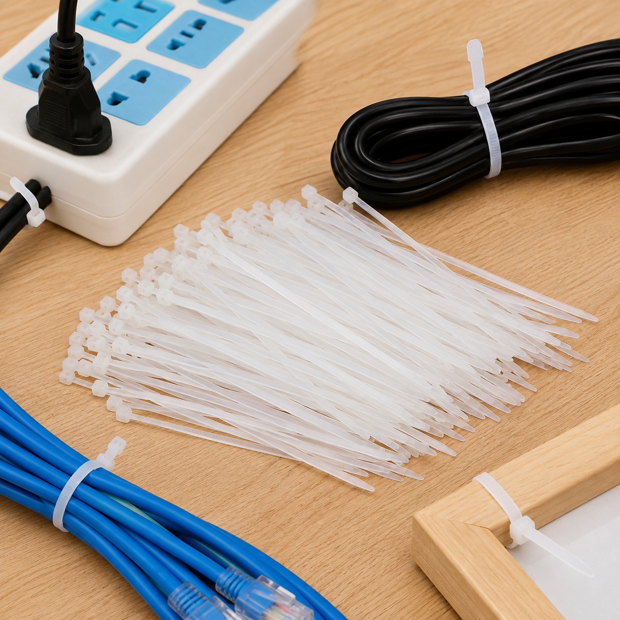 A pile of white cable ties on a wooden surface, with a power strip, black cable, and blue cable also secured with ties.