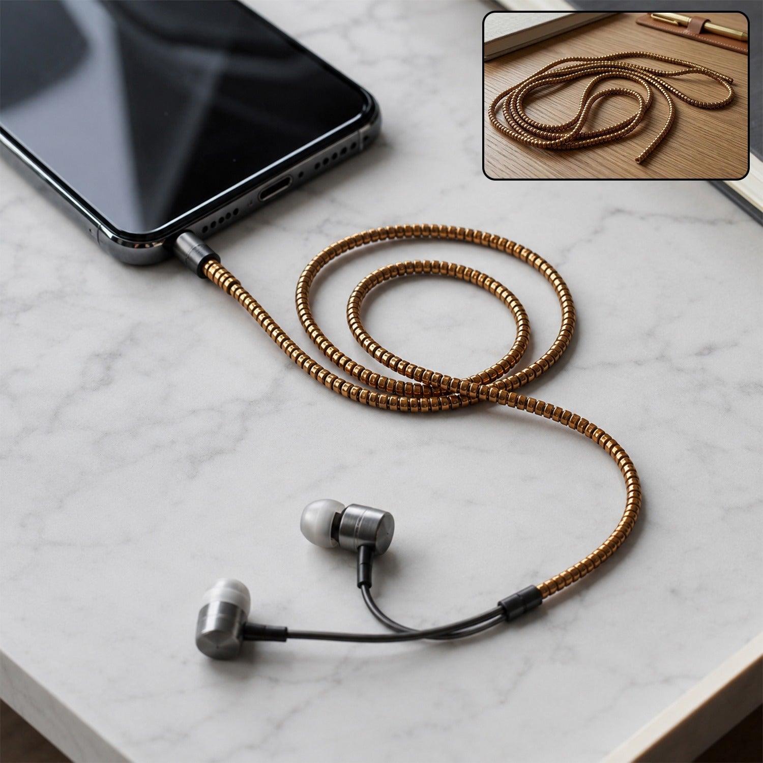A black phone with silver earphones connected by a gold spiral cable protector sleeve on a white marble surface.