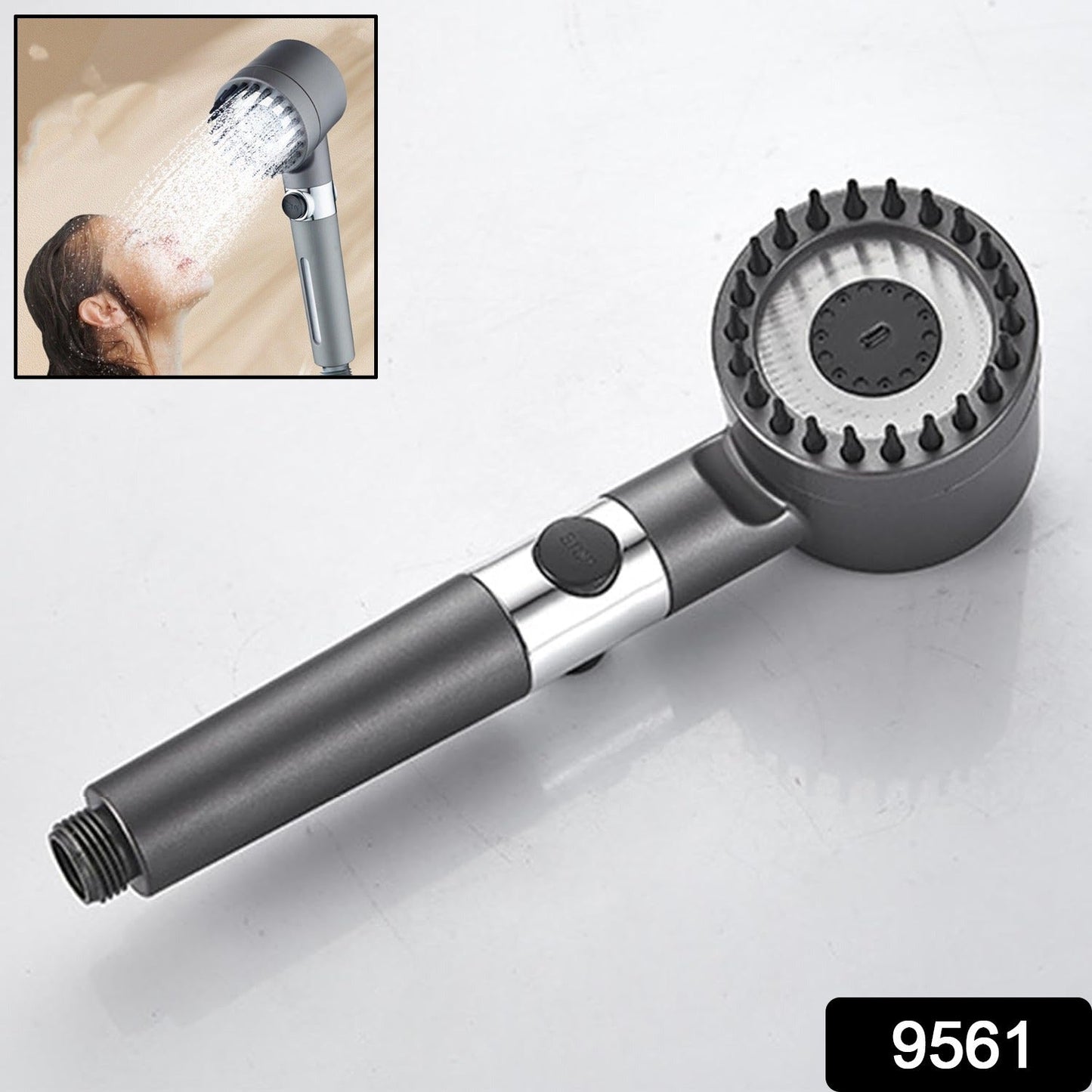 A dark gray shower head with a wide face and rubber bristles, with an inset of a woman showering, and a black box with