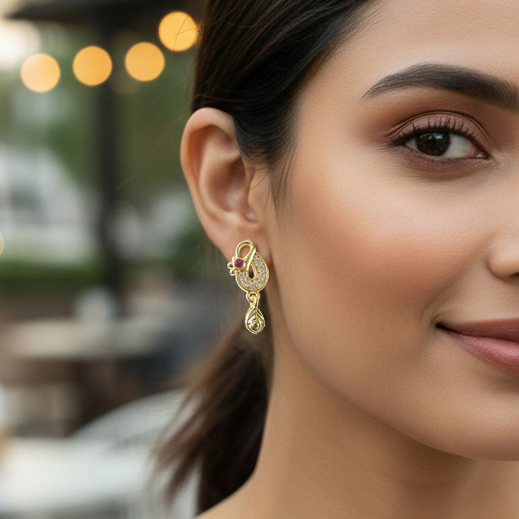 Classic Gold Finish Earrings with Crystal Detailing & Red Stone