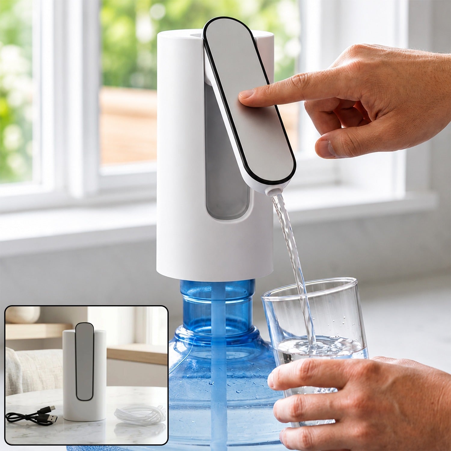 A person's hand presses a button on a white and gray foldable water dispenser, filling a glass with water from  large