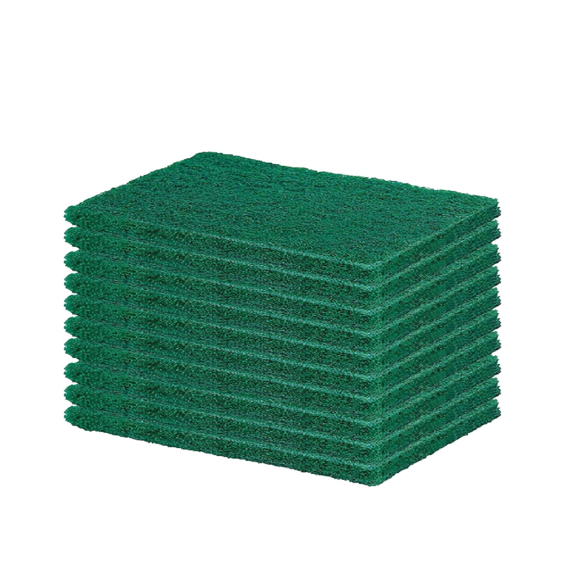 A hand holding a green scrubber pad, demonstrating its flexible and ergonomic design.