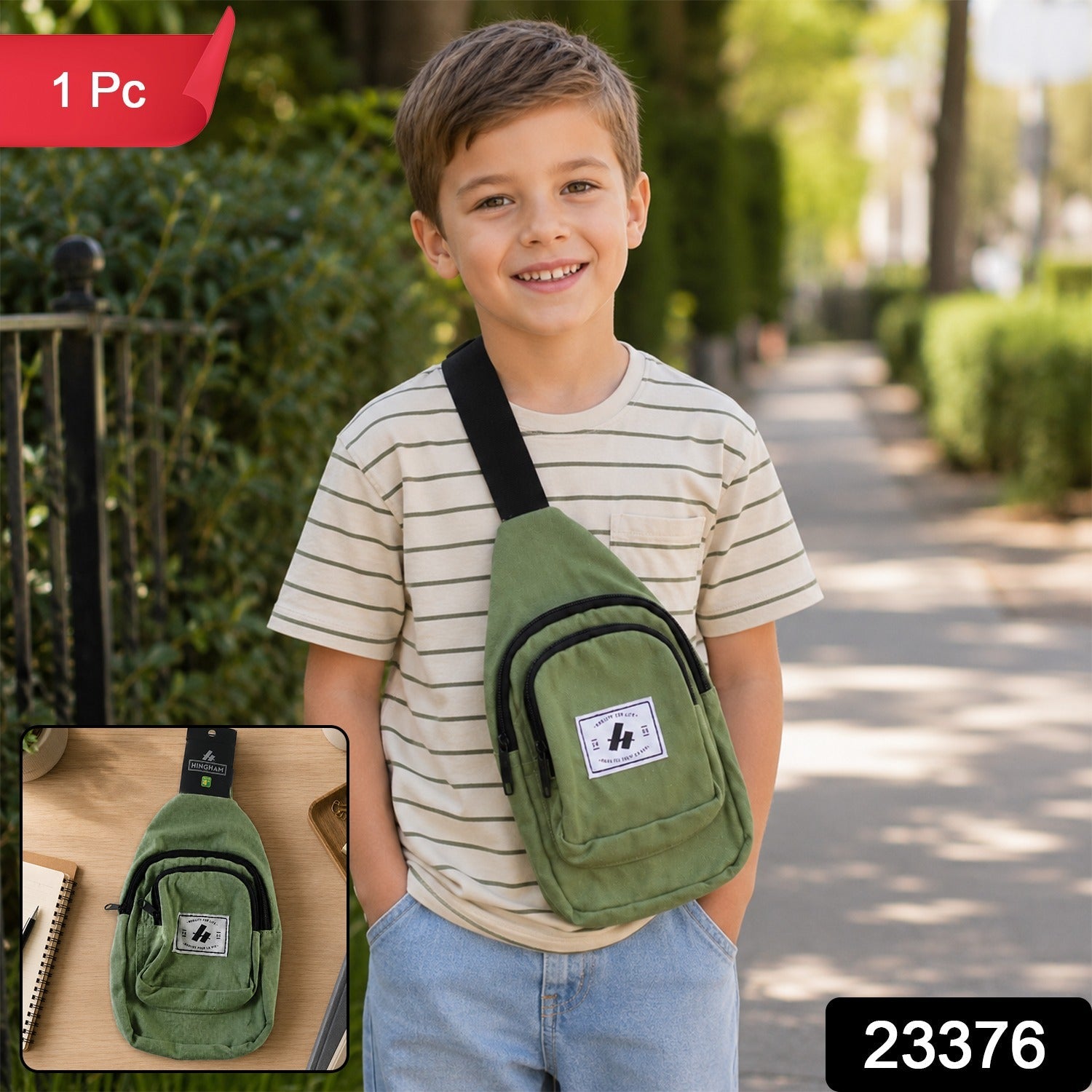 A boy with an olive green canvas sling bag and a black strap smiles at the camera, with a small inset of the bag.