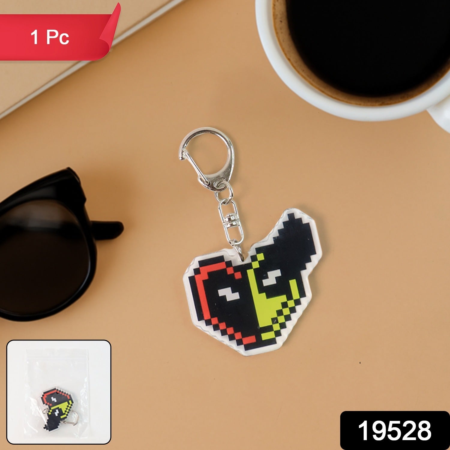 Funky pixel style acrylic keyring with metal lobster clasp for easy attachment