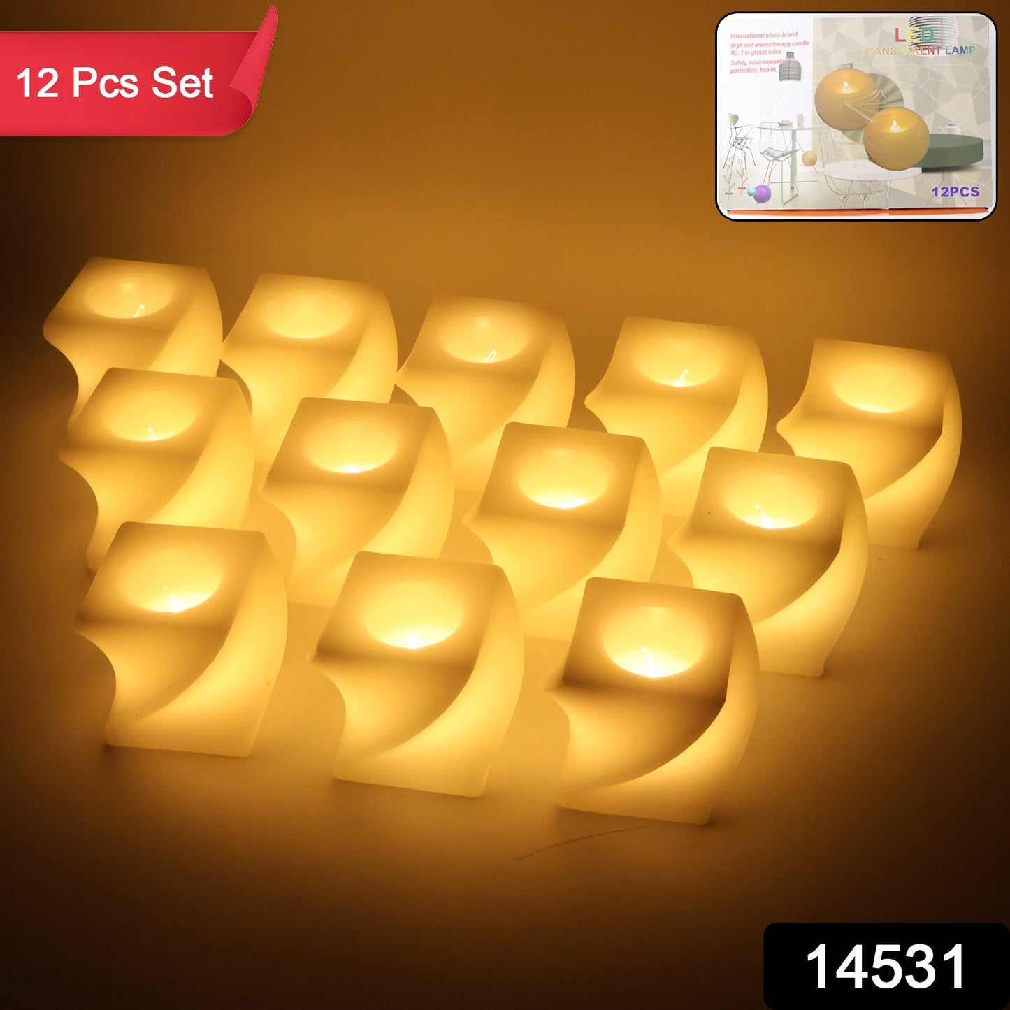 Close-up of LED flameless decorative candles with warm flickering glow