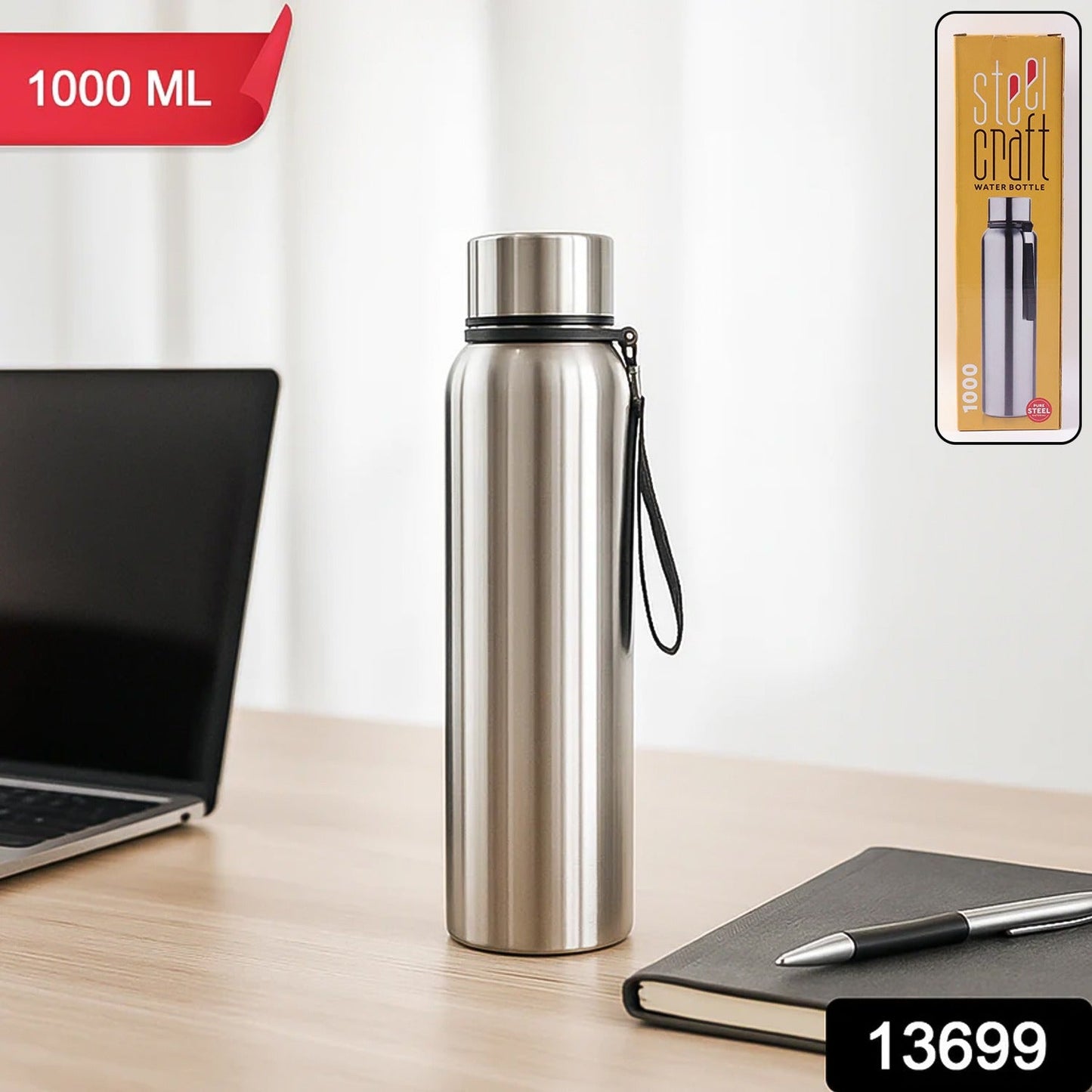 Person holding the sleek 1000ml Stainless Steel Water Bottle in a casual setting.