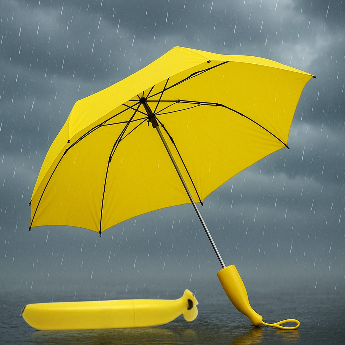 A yellow umbrella stands open in the rain, with its banana-shaped case lying on the wet ground beside it.