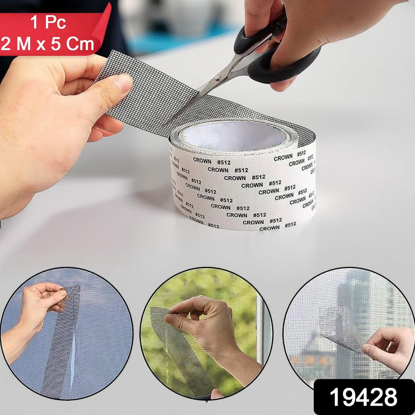 Self-adhesive mosquito net repair tape applied on window screen for insect protection