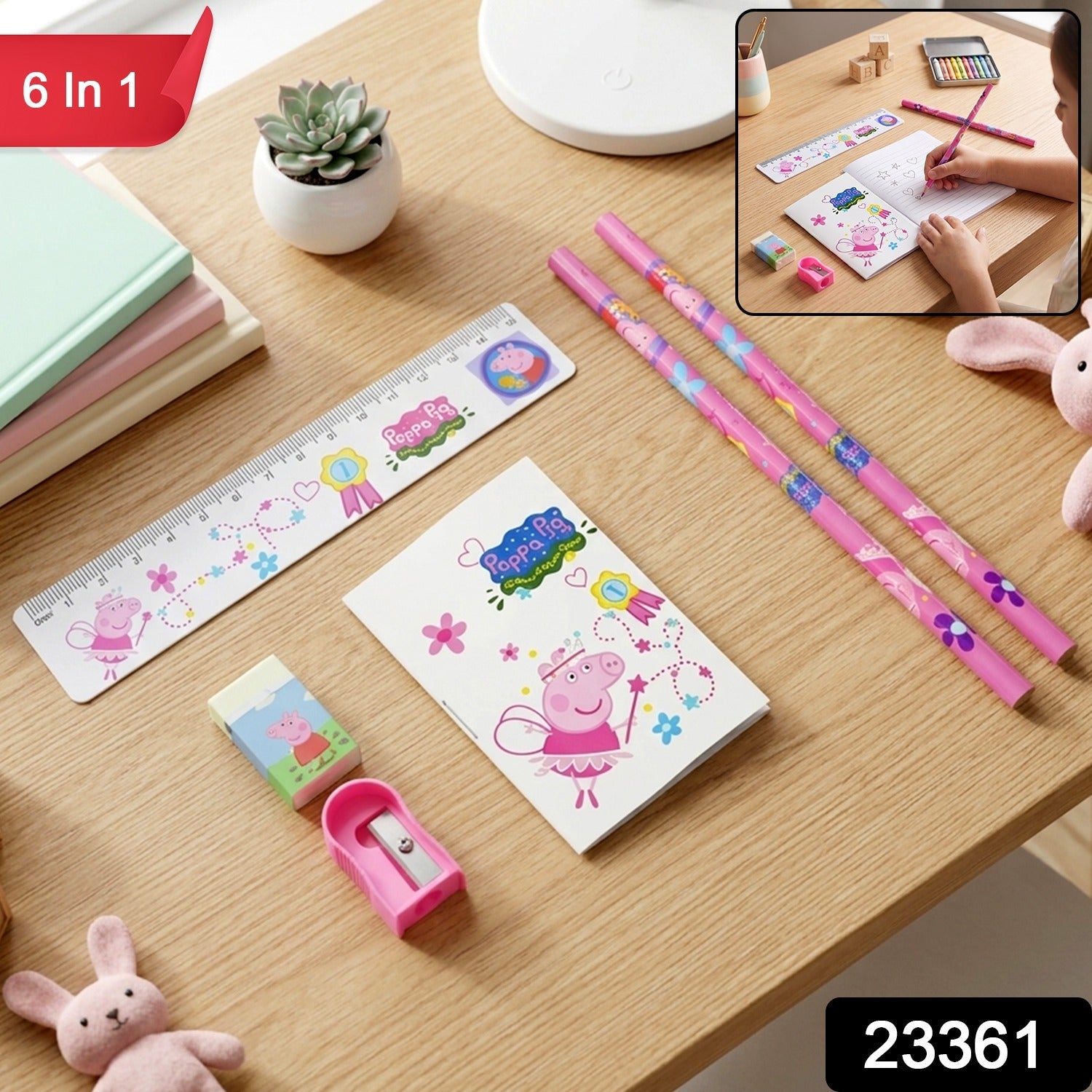 A Peppa Pig stationery set on a wooden desk, with a '6 in 1' label in the top left corner.
