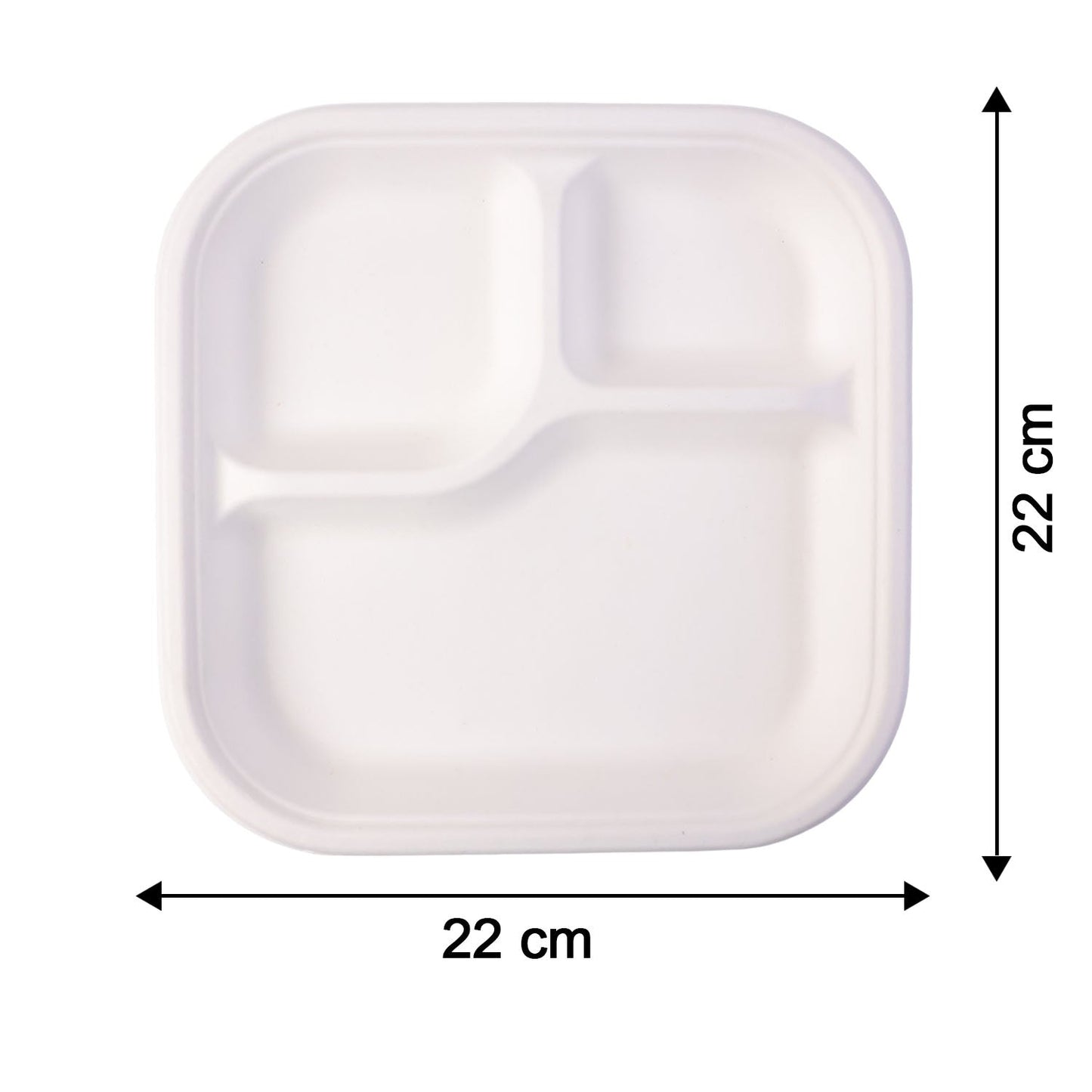 Dimension display for 22 cm by 22 cm square compostable bagasse compartment plate