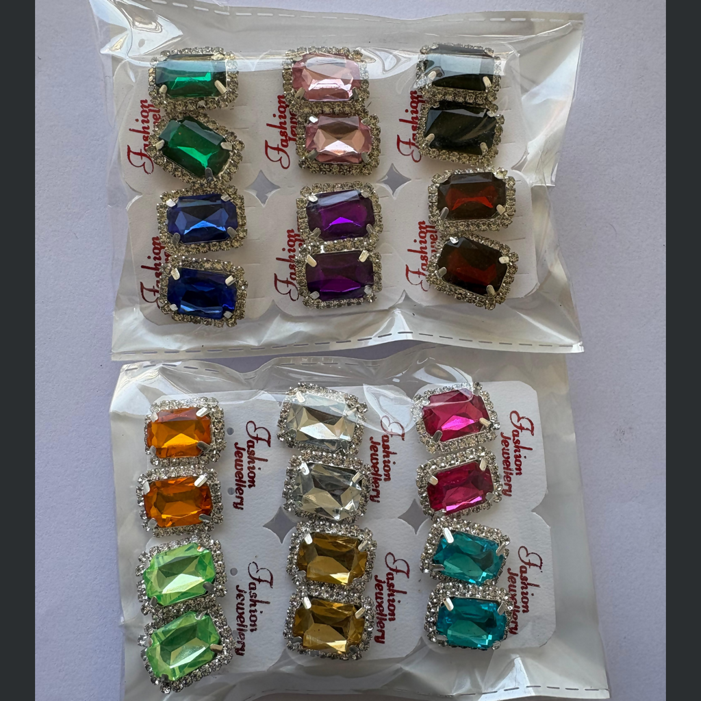 Emerald Cut Crystal Stud Earring Set, Multi-Color Royal Gemstone Collection - Set of 12Pair