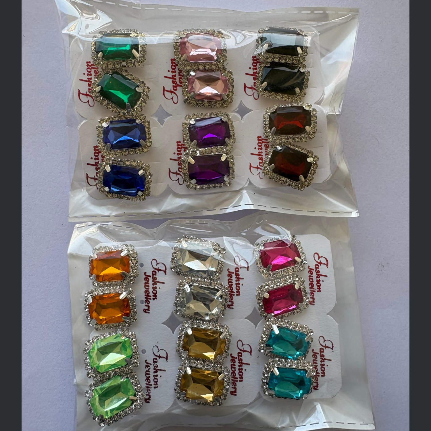 Emerald Cut Crystal Stud Earring Set, Multi-Color Royal Gemstone Collection - Set of 12Pair