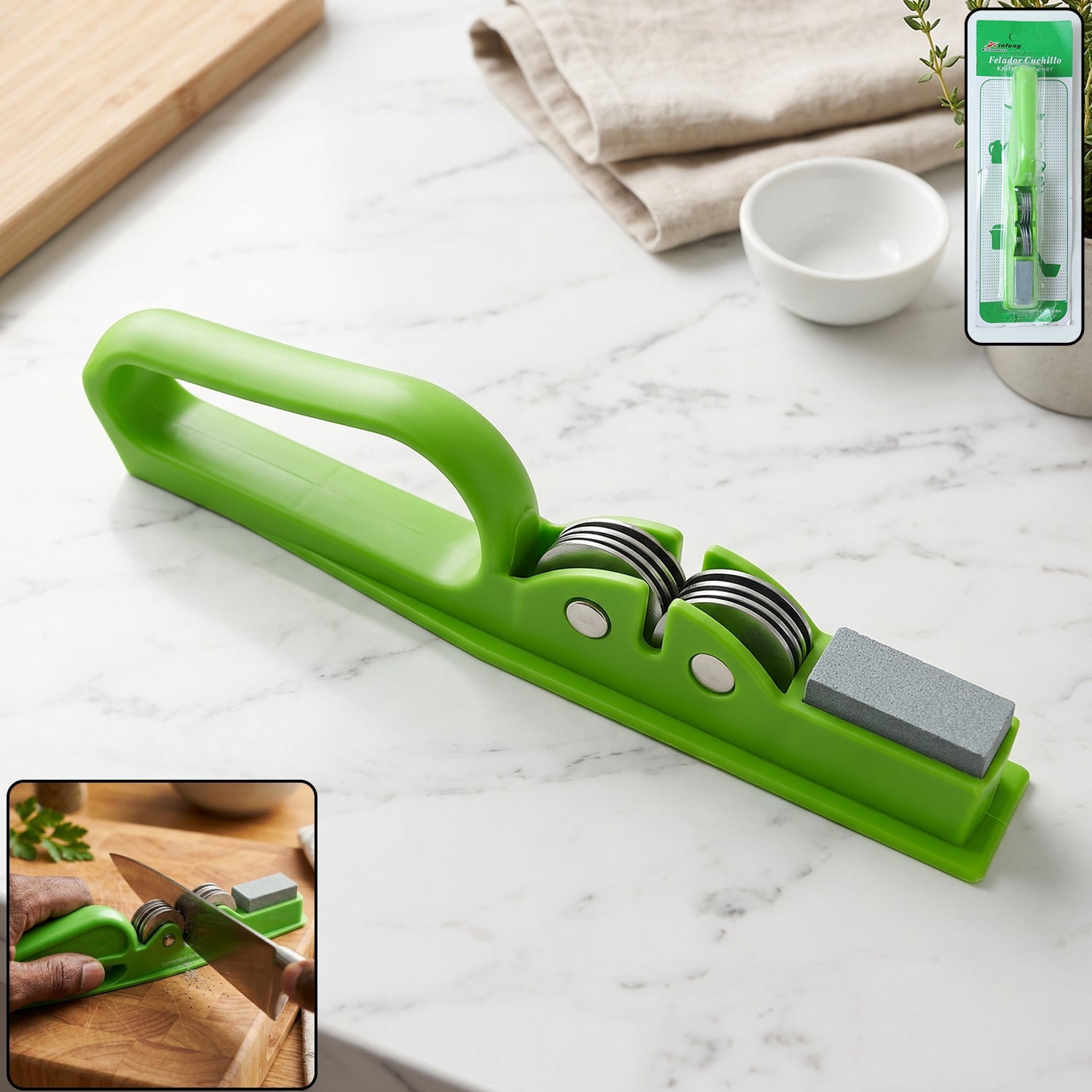 A green handheld knife sharpener on a white marble countertop, with insets showing it in use and in its packaging.