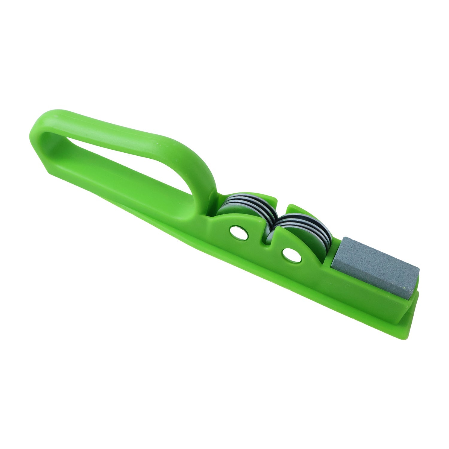 A green handheld knife sharpener with a grey sharpening stone and two sharpening wheels on a white background.