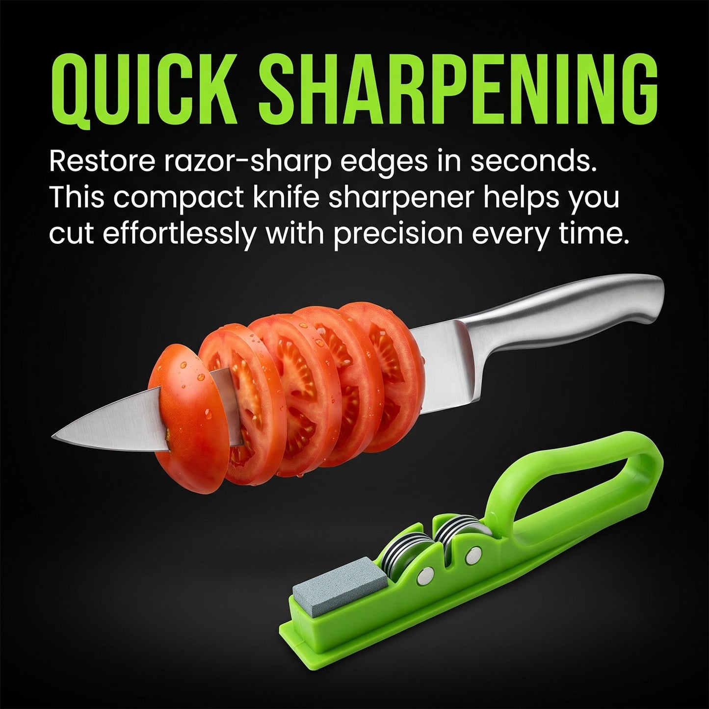 Text overlay "QUICK SHARPENING" with a knife slicing tomatoes and a green handheld sharpener below on a dark background.