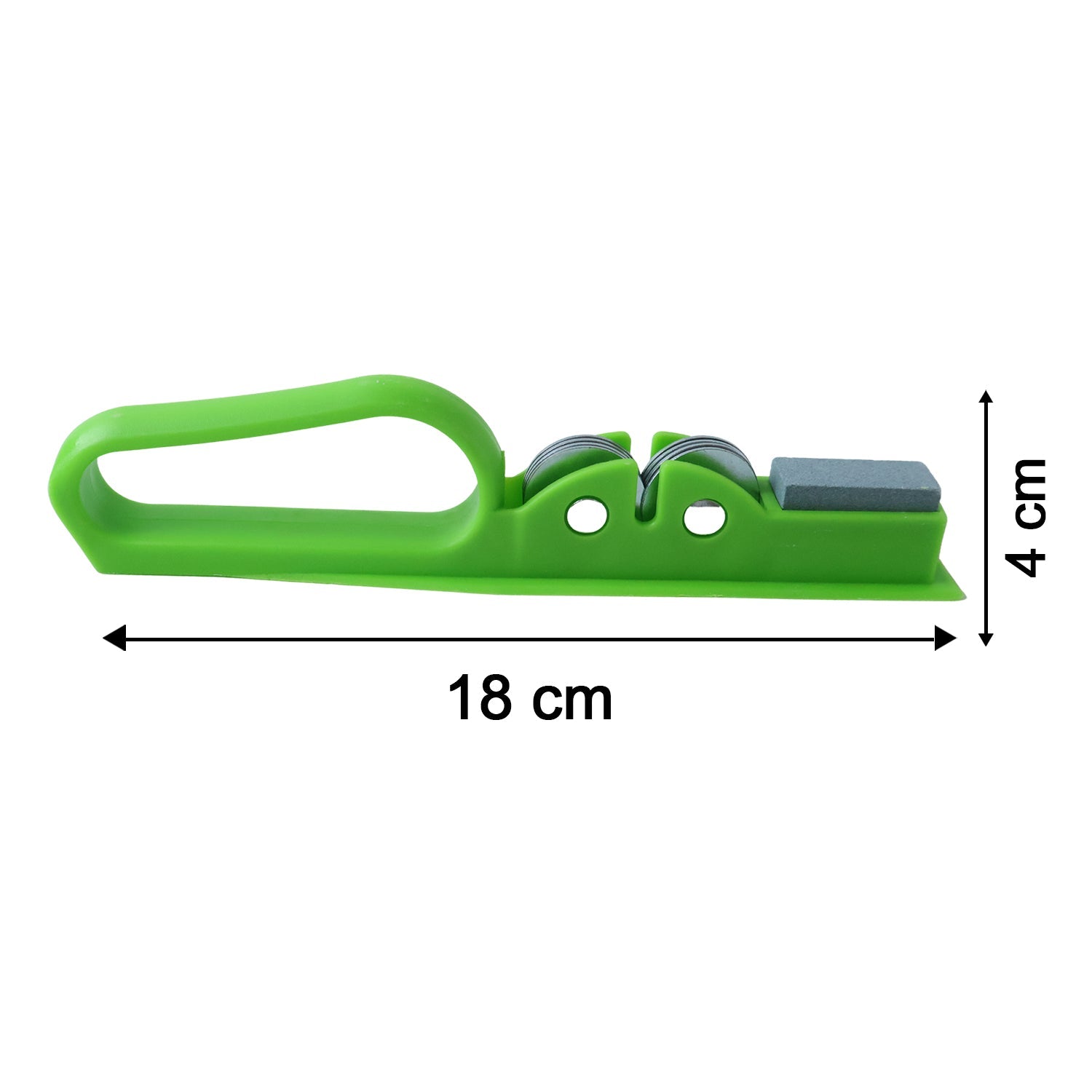 A green handheld knife sharpener with a grey sharpening stone and two sharpening wheels, showing dimensions of 18 cm by 4 cm.