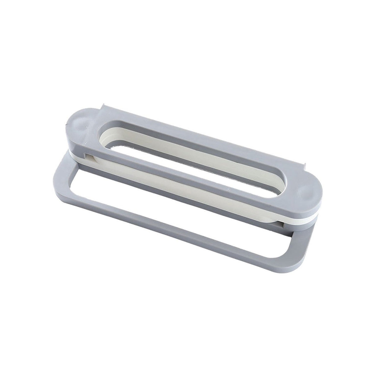 A gray and white folding shoe rack is shown from an angled perspective against a plain white background.