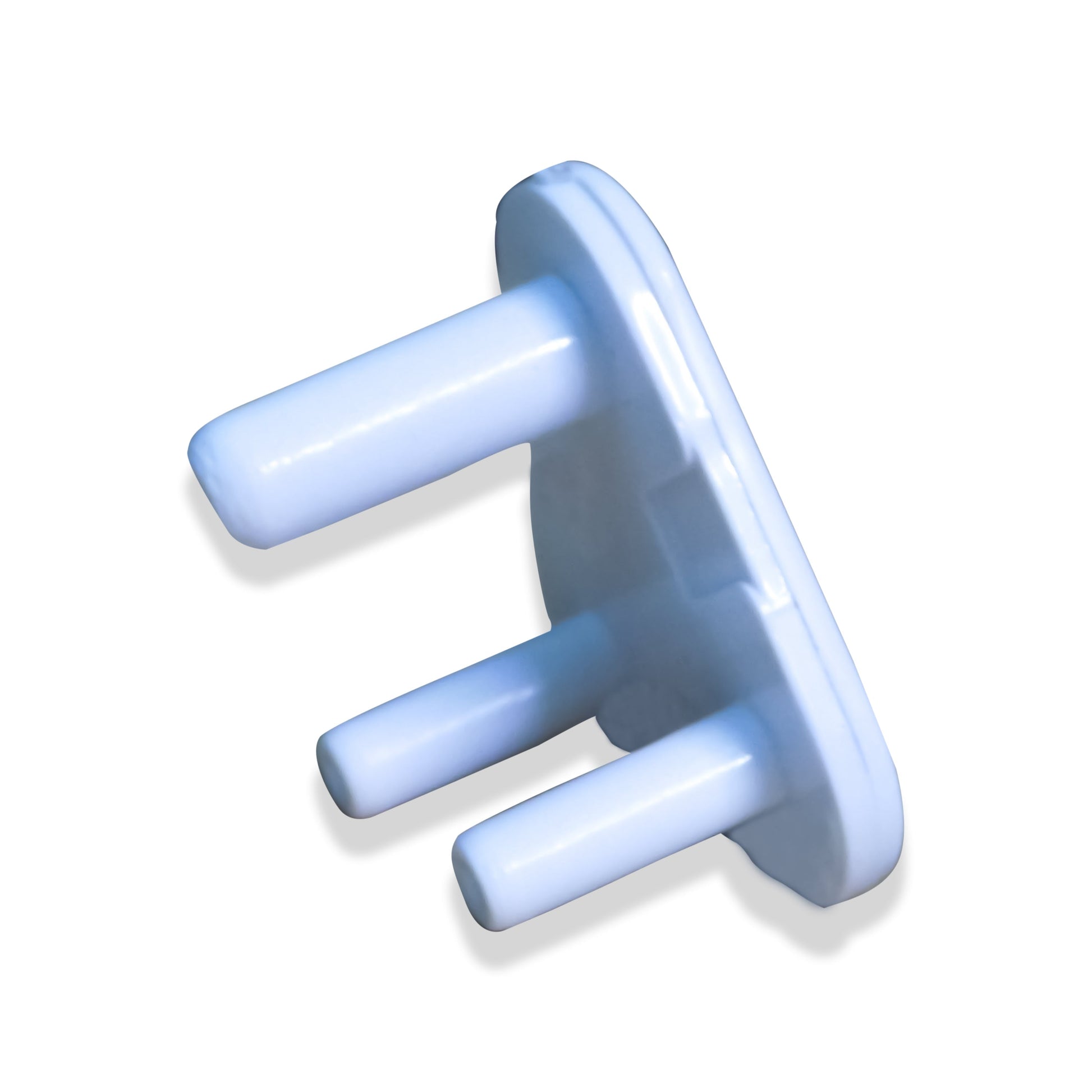 A white 3-pin socket cover is angled on a white background, casting a subtle shadow.
