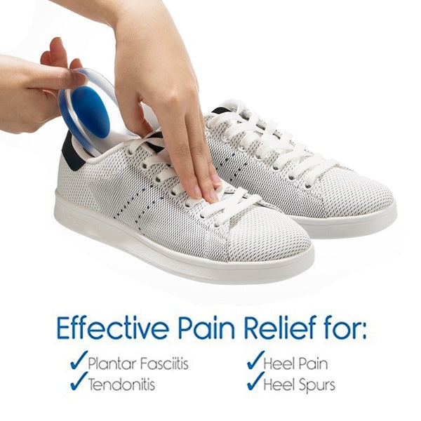 A hand inserts a clear gel heel cup with a blue center into a white sneaker, with text about pain relief.