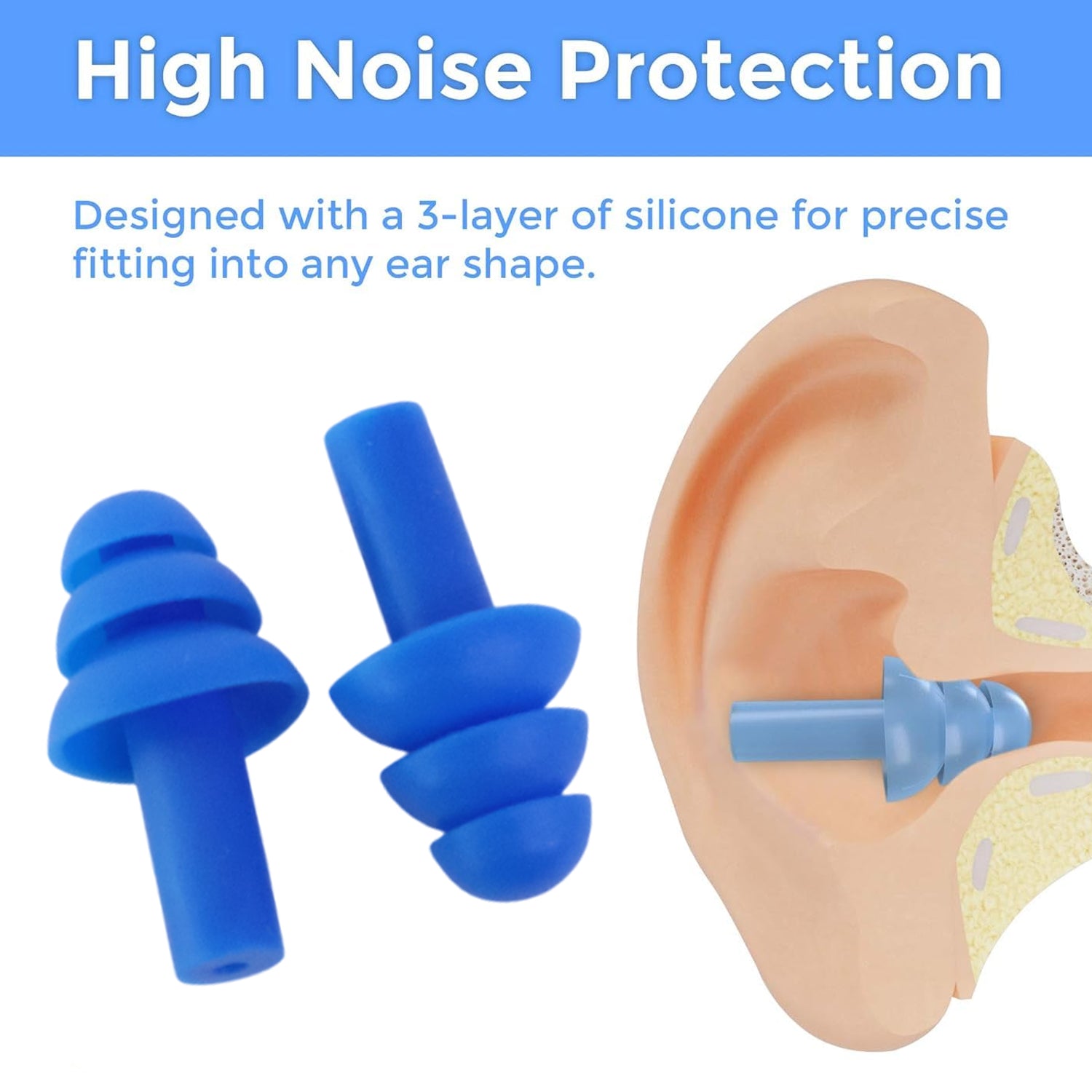 Two blue silicone earplugs are shown next to a diagram of an ear canal with an earplug inserted, highlighting noise
