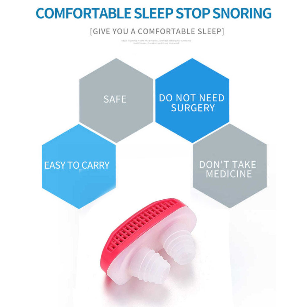 A red and white anti-snoring nose clip with text highlighting benefits like "safe" and "easy to carry."