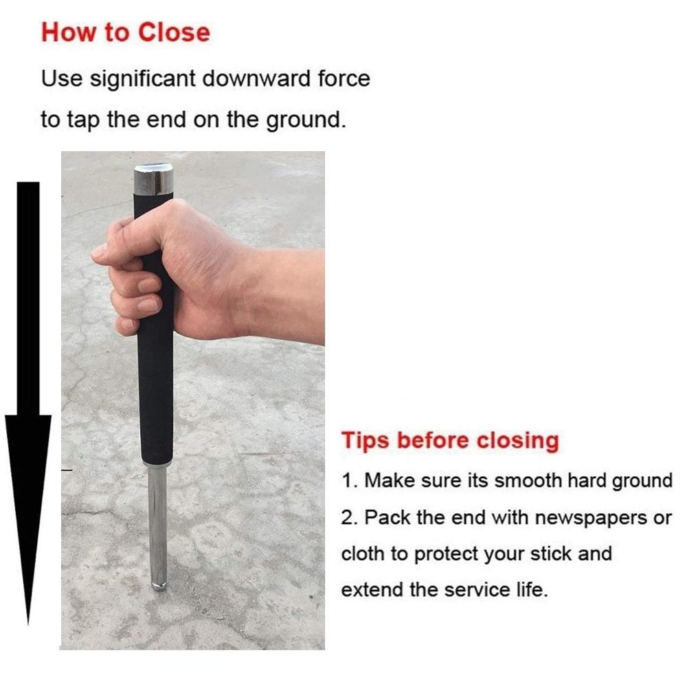 A hand holds the silver metal baton, demonstrating how to close it by tapping the end on the ground, with text instructions.