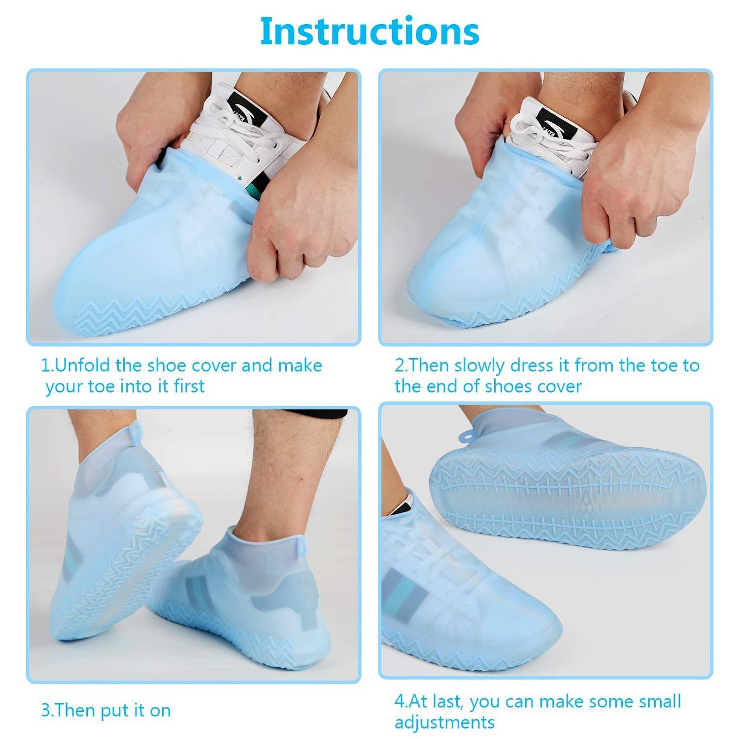 Four images showing how to put on a blue silicone shoe cover over a white sneaker.