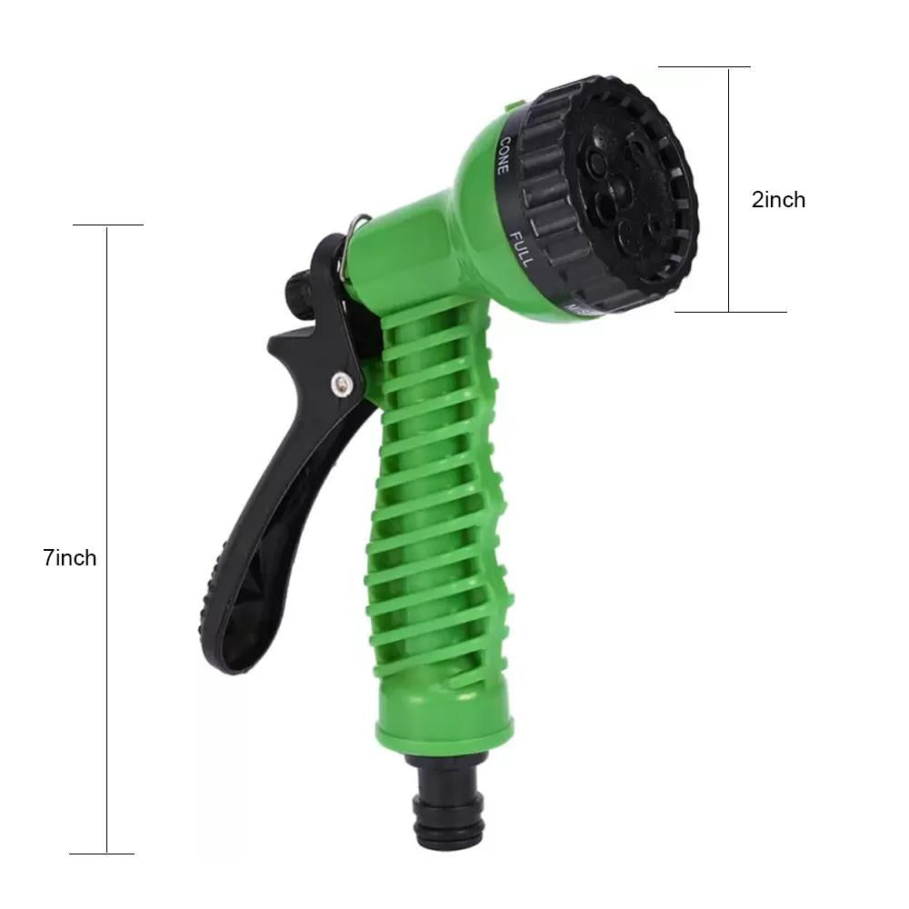 A green and black hose nozzle with dimensions of 7 inches in length and 2 inches in head width.