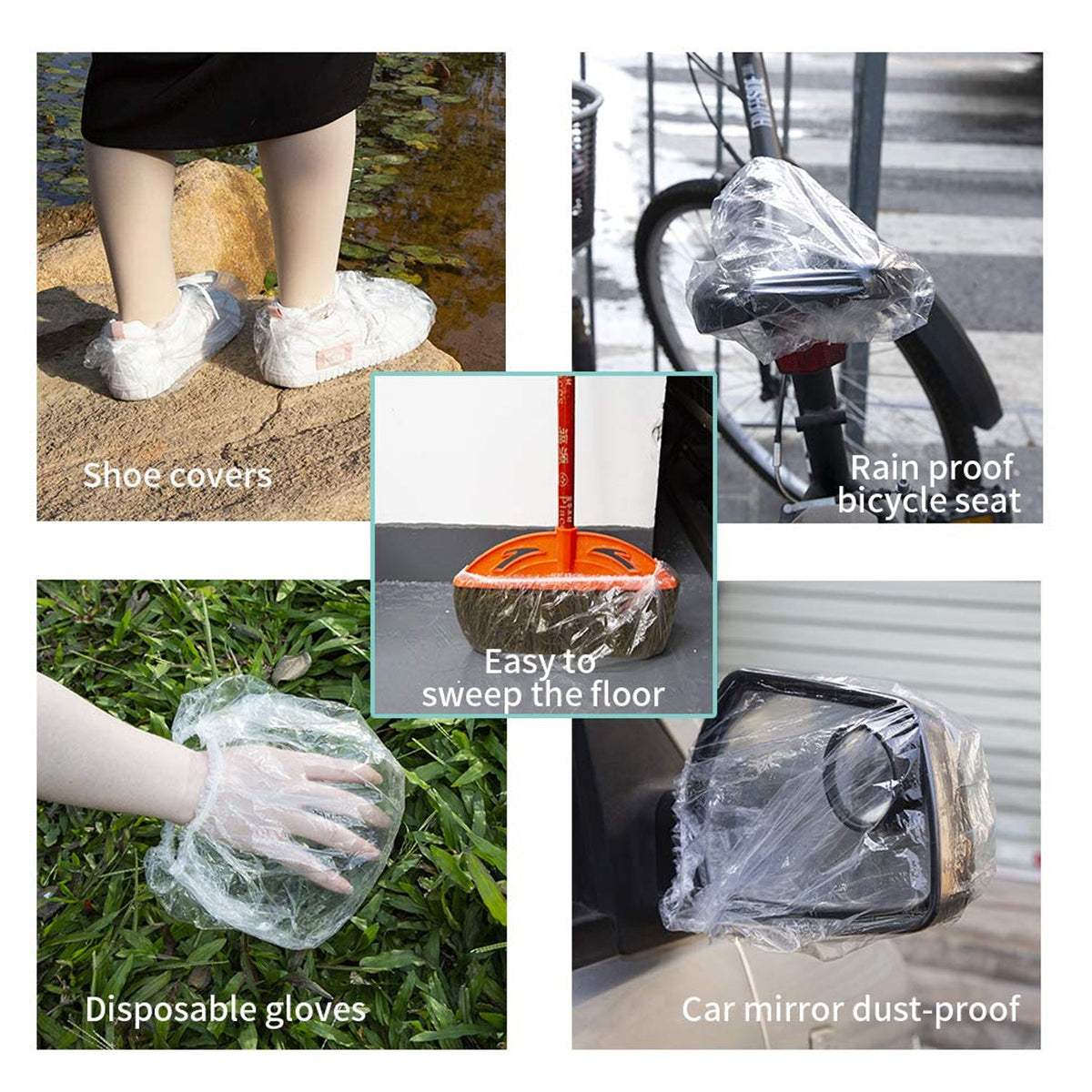 A collage of five uses for clear plastic covers including shoe covers, bicycle seat, mop, gloves, and car mirror.